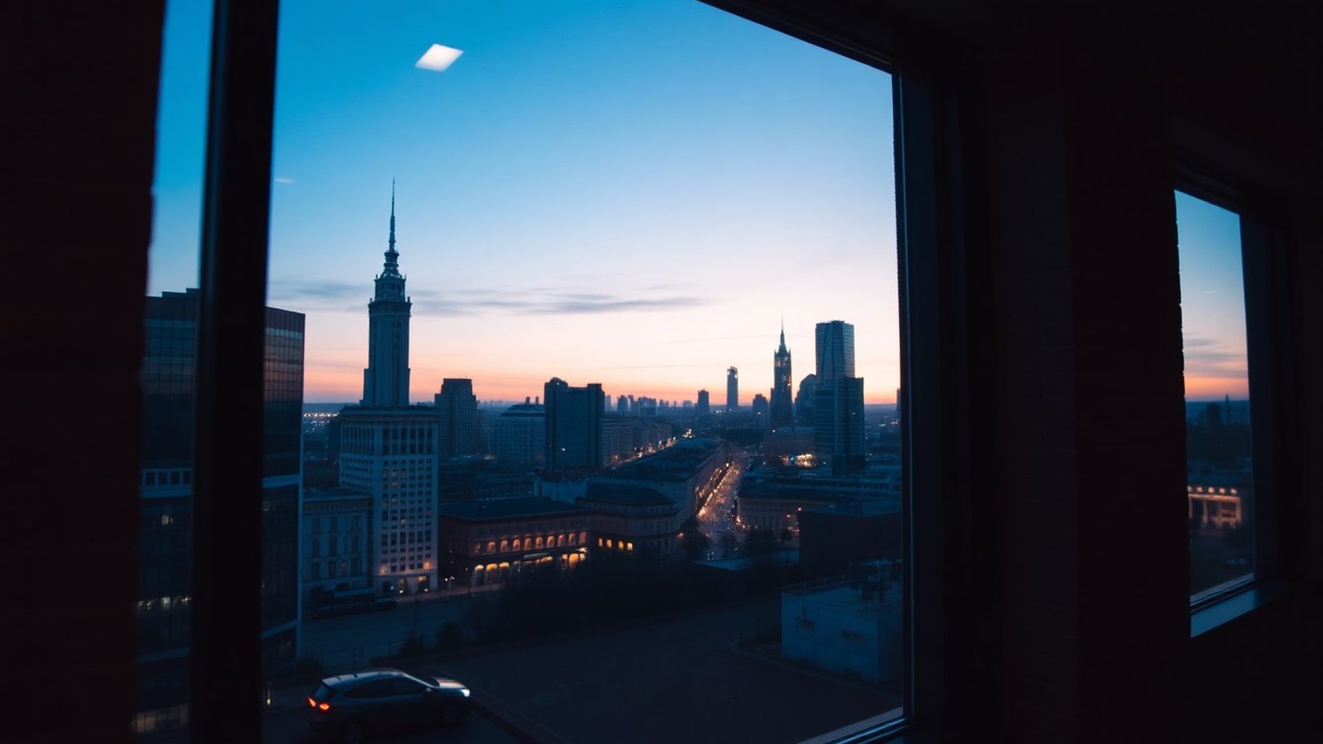 Panorama Warszawy o zmierzchu z odbiciami wykresów w szybie biurowca